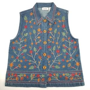 VTG Embroidered Vest Denim Jean Fall Autumn Top L